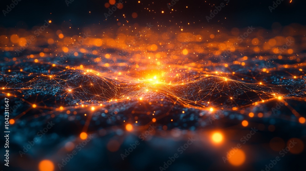 Poster waves of deep blue and bright orange lights create an abstract landscape, illustrating connections w