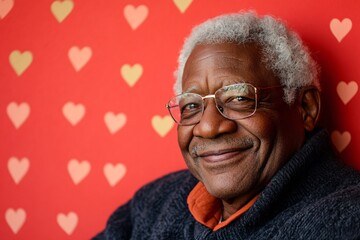 A content African American grandfather with white hair and brown eyes on Grandfather's Day against a solid red background with heart patterns 3