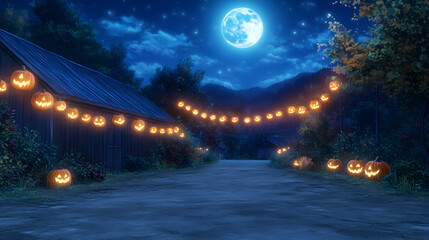 Obraz premium A Whimsical and Enchanting Anime Halloween Night Filled with Cute Spirits and Magical Decorations