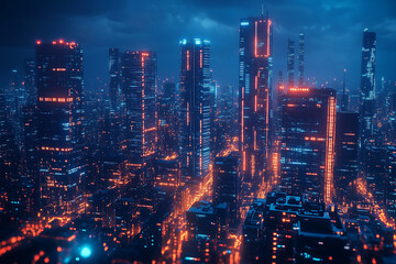 Fototapeta premium Vibrant city skyline illuminated at night with glowing skyscrapers and urban lights set against a dark blue sky