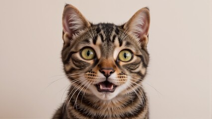 Obraz premium Close-up portrait of a surprised tabby cat with big eyes and open mouth, on a light background