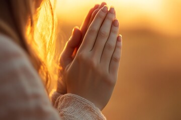 A close-up of a woman's hands in prayer with soft golden light 2