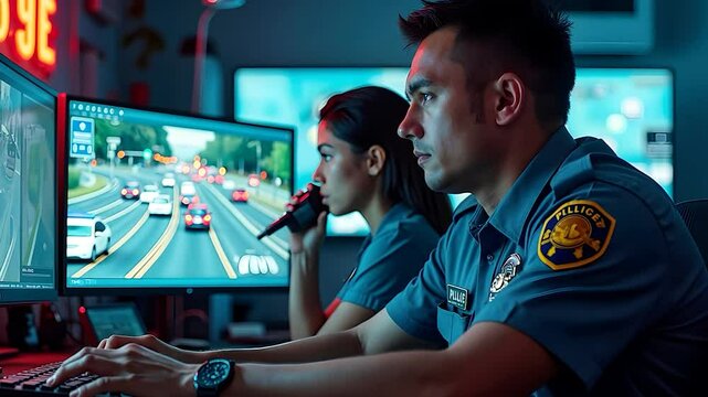 Police Officers Monitoring Security Cameras in a Control Room