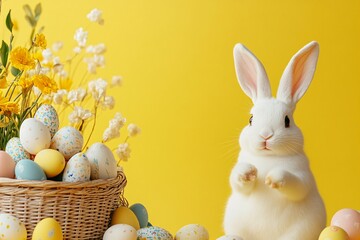 A cheerful Easter bunny on a yellow background with Easter eggs and a basket 2