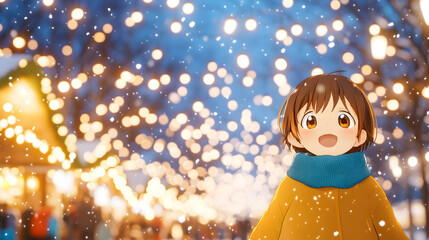 A Vibrant Anime Christmas Market Scene Where Cute Characters Enjoy Festivities and Celebrate the Holiday Spirit