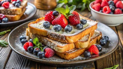 Delicious French toast topped with fresh berries and mint, served on a rustic wooden table