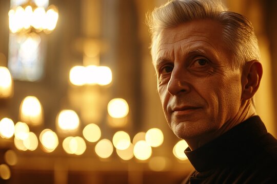 A candid shot of a middle-aged priest with gray hair and brown eyes in a warmly lit church 1