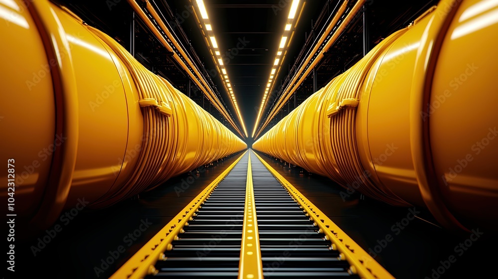 Aufkleber yellow industrial barrels aligned in a sleek line, creating a dynamic perspective under illuminated 