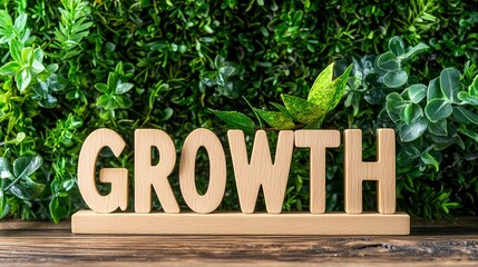 Obraz premium Wooden letters spelling growth in front of green foliage, symbolizing nature and evolution.