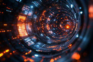 Obraz premium A glimpse into a futuristic digital tunnel filled with vibrant orange and blue lights