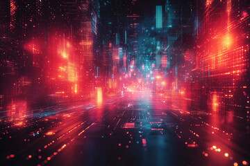 Obraz premium Futuristic digital cityscape illuminated by neon lights at night, showcasing vibrant colors and abstract patterns