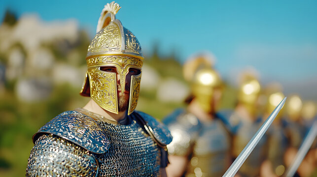 A Captivating Superrealistic Depiction of Heroic Greek Warriors Standing United, Clad in Armor and Ready for the Oncoming Battle