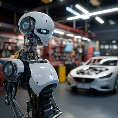 Fototapeta premium White humanoid robot in a garage with a car in the background
