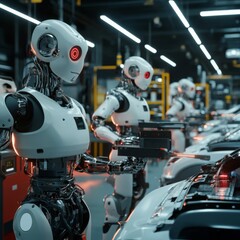 Fototapeta premium A Row of Robots Working on a Car Assembly Line