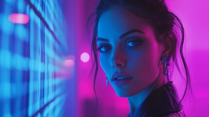 Obraz premium Close-up of a woman's face with vibrant neon lighting