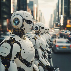 A Row of White Robots in a City Street