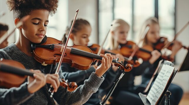A group of children learning to play the violin in a music classroom, with a teacher guiding them, 
