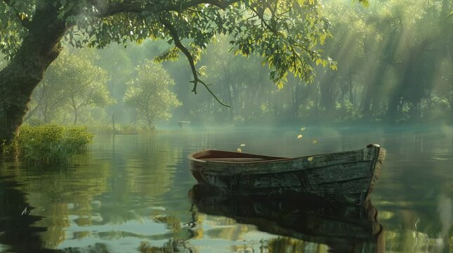 Wooden boat floating on misty lake surrounded by lush nature in peaceful atmosphere
Seamless looping 4k time-lapse virtual video animation Generated AI