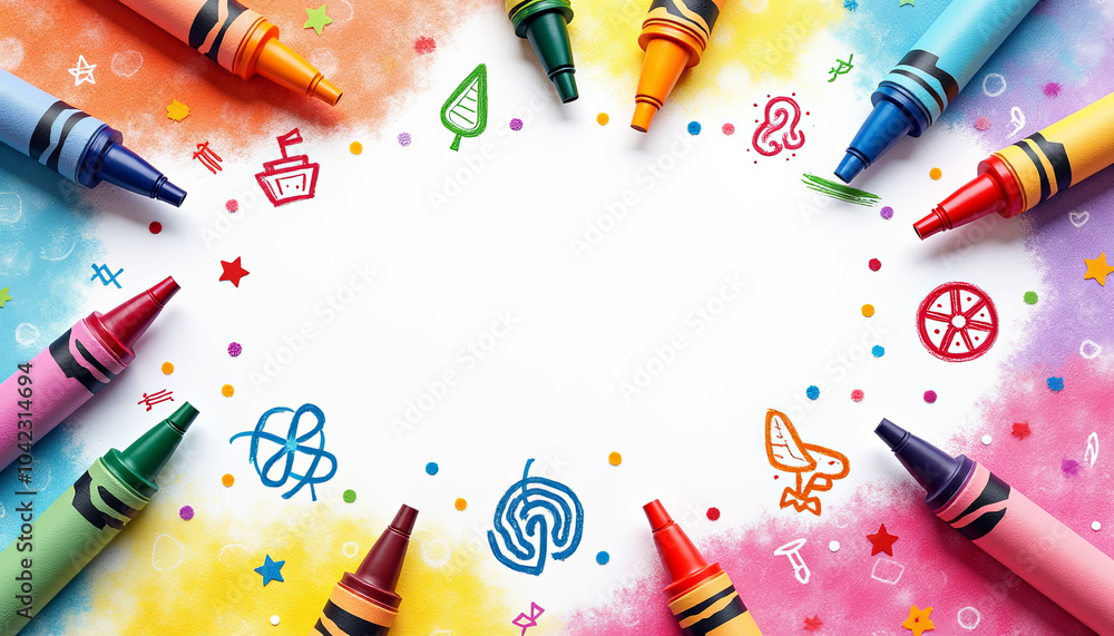 Poster a colorful drawing of a circle with a star inside and a bunch of crayons around it