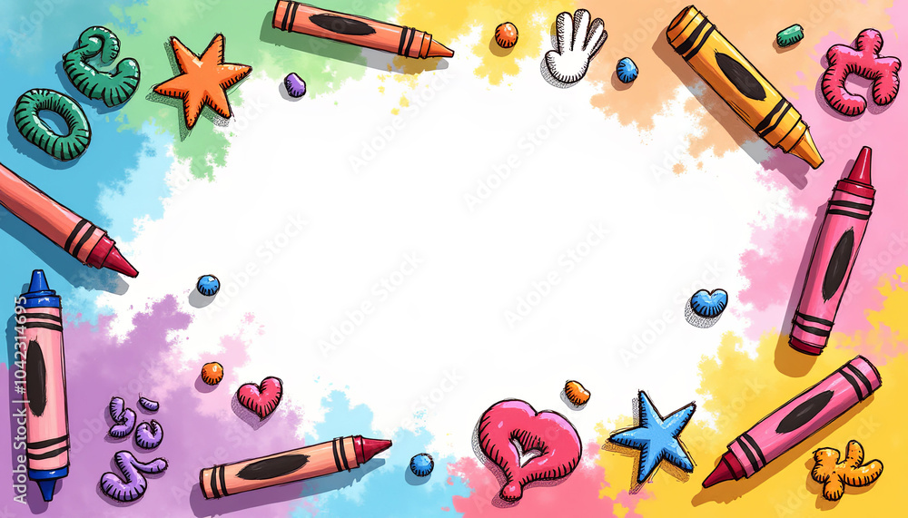 Poster a colorful drawing of a circle with a star inside and a bunch of crayons around it
