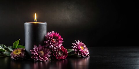 Dark flowers and black burning candle on black background for obituary notice funeral announcement necrology