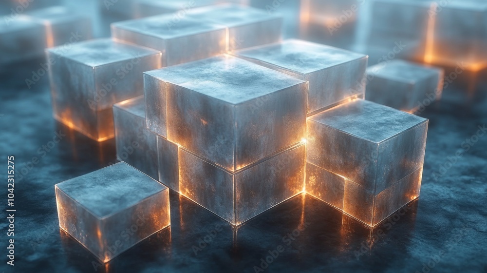 Aufkleber a collection of translucent ice cubes emits a warm glow from within, arranged aesthetically on a glo