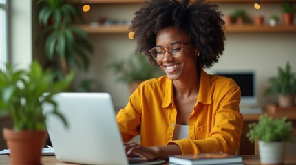 Happy black woman working home office with her laptop