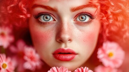 Vibrant portrait of a woman with curly red hair surrounded by pink flowers, AI