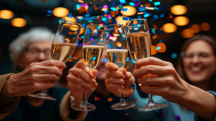 Elderly people hands holding new year glasses, new year eve, new year party atmosphere