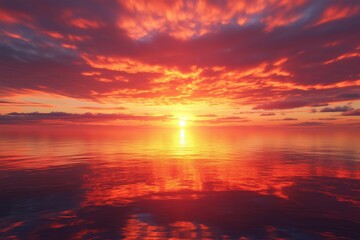 Obraz premium A breathtaking sunset with fiery orange and pink hues blending seamlessly into the horizon, reflected on calm waters below.