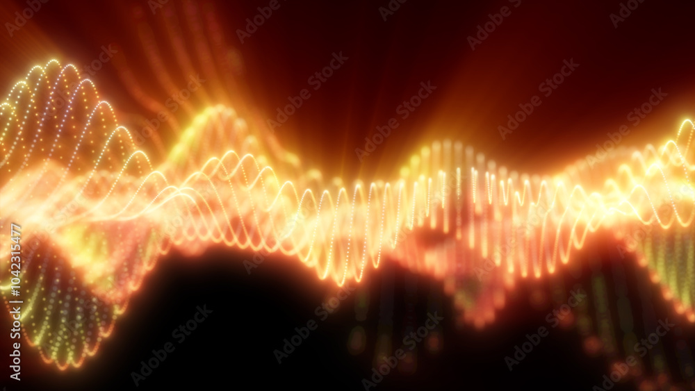 Poster glowing abstract waves of golden light flowing across a dark background, creating a dynamic and warm