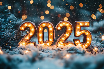 A beautifully lit sign displaying the year 2025 stands out against a backdrop of snow-covered evergreen branches, creating a magical winter atmosphere with twinkling lights.