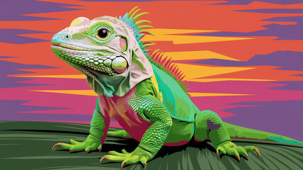 Obraz premium A pop art style image of a cute baby iguana with a bright green body and a beige head. 