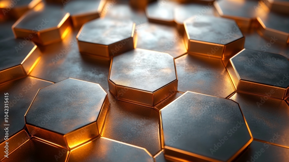Leinwandbilder The hexagonal tiles are arranged closely together, reflecting warm golden tones under soft lighting, creating an intriguing textured surface perfect for design inspiration.
