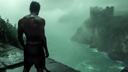 Obraz premium Man Standing on a Cliff Overlooking a Foggy Sea and Ruined Castle