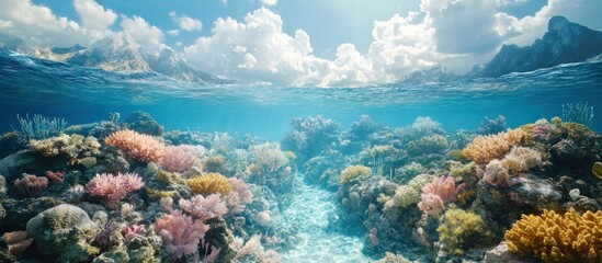 Naklejka premium Underwater view of a colorful coral reef with mountains in the background.