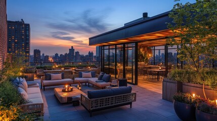 Obraz premium A modern rooftop terrace with comfortable seating, potted plants, and a city skyline view at sunset.