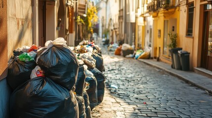 City streets with bags of waste recycling concept poor management