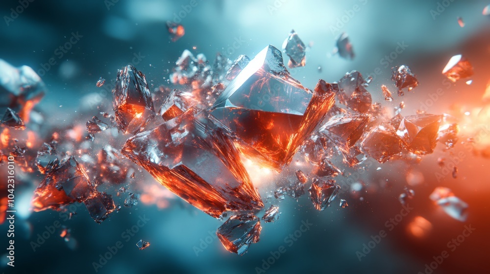 Fototapete a collection of sharp, sparkling crystal shards floats in mid-air, illuminated by a blend of blue an