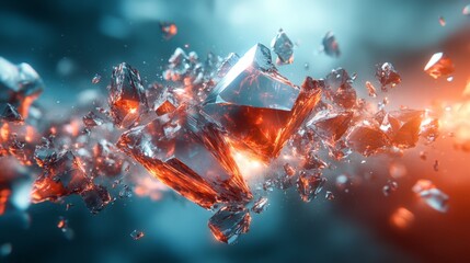 A collection of sharp, sparkling crystal shards floats in mid-air, illuminated by a blend of blue and orange hues. The contrasting colors create a dynamic and captivating atmosphere.