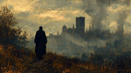 A Solitary Figure Gazes at a Fog-Shrouded Cityscape