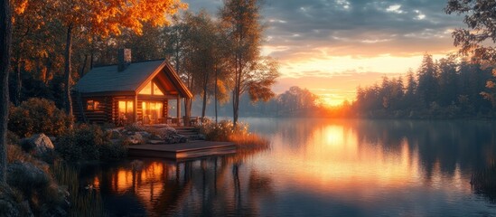 Fototapeta premium A cozy cabin sits on the edge of a lake with a sunset reflected in the water.