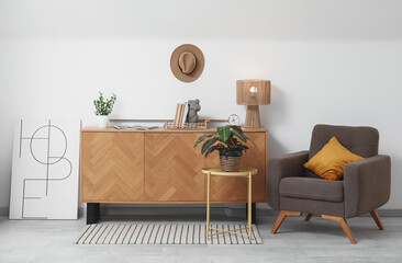 Chest of drawers, armchair and coffee table with houseplant in living room
