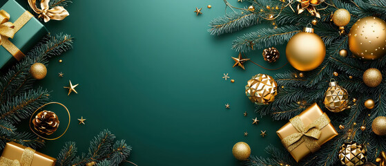 A festive arrangement featuring golden ornaments, gifts, and greenery on a teal background, perfect for holiday celebrations.