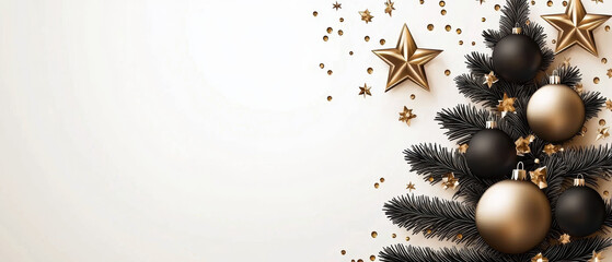 A festive Christmas tree adorned with black and gold ornaments and stars, set against a light background, creating a cheerful holiday atmosphere.