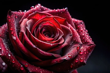 Dark red rose with water drop on black background