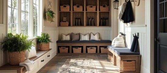 A cozy entryway with a bench, storage baskets, and plants.