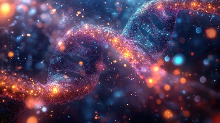 A glowing, abstract representation of a DNA double helix, surrounded by a sparkling nebula of colorful particles.