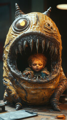 Obraz premium A child interacts with a whimsical monster-shaped phone featuring sharp teeth