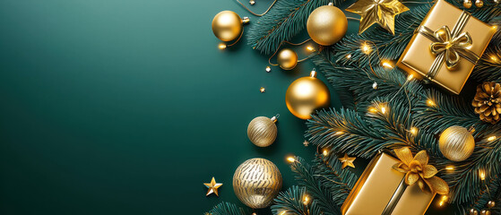 A visually appealing arrangement of gold ornaments, gifts, and festive decorations against a deep green background, evoking a cheerful holiday atmosphere.